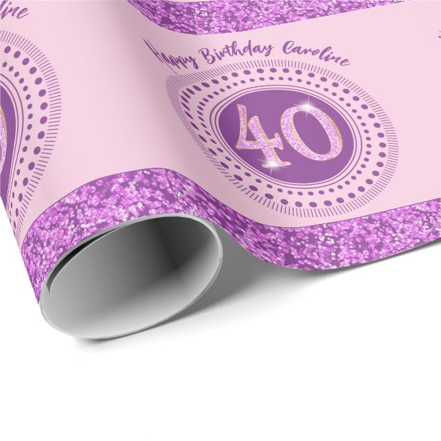 Elegant 40th Birthday Pink Glitter with Stripes Wrapping Paper (Roll Corner)