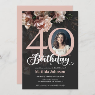 Elegant 40th Birthday Pink Lush Floral Moody Photo Invitation