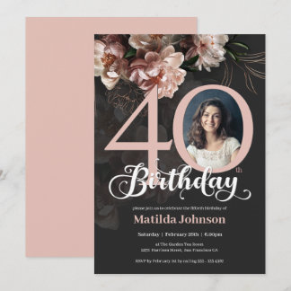 Elegant 40th Birthday Pink Lush Floral Moody Photo Invitation