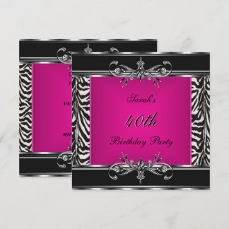 Elegant 40th Birthday Pink Zebra Black Silver Invitation