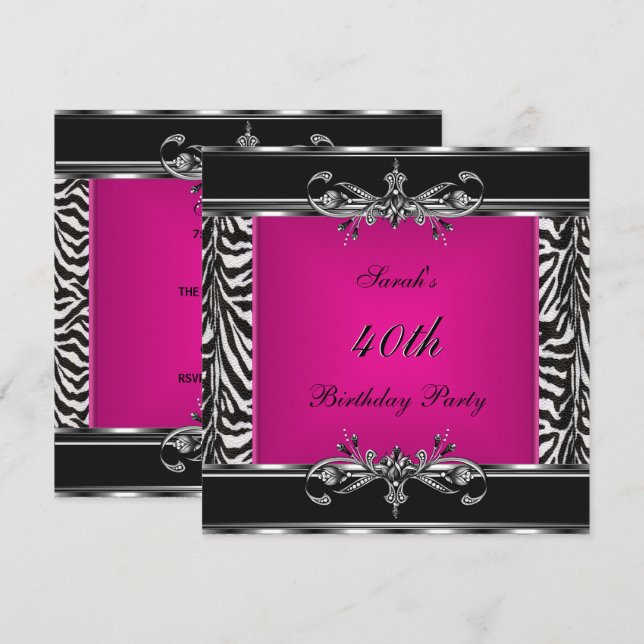 Elegant 40th Birthday Pink Zebra Black Silver Invitation (Front/Back)