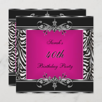 Elegant 40th Birthday Pink Zebra Black Silver Invitation
