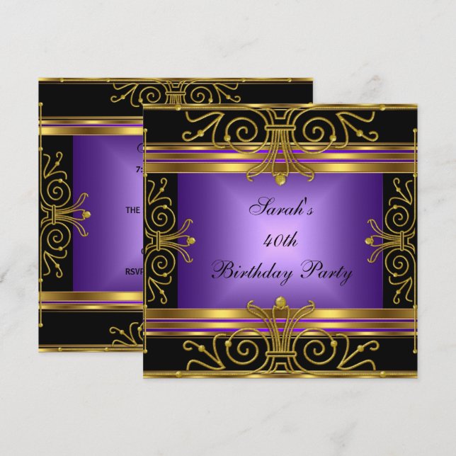 Elegant 40th Birthday Purple Black Gold Art Deco Invitation (Front/Back)