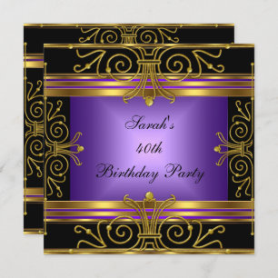 Elegant 40th Birthday Purple Black Gold Art Deco Invitation