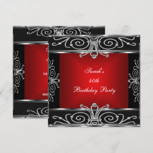 Elegant 40th Birthday Red Black Silver Art Deco Invitation
