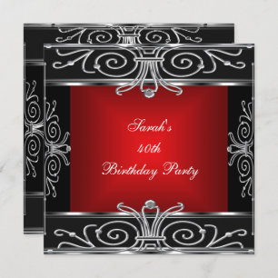Elegant 40th Birthday Red Black Silver Art Deco Invitation