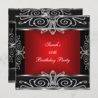 Elegant 40th Birthday Red Black Silver Art Deco Invitation