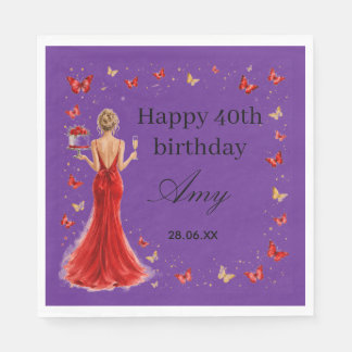 Elegant 40th Birthday red dress butterflies purple Napkins