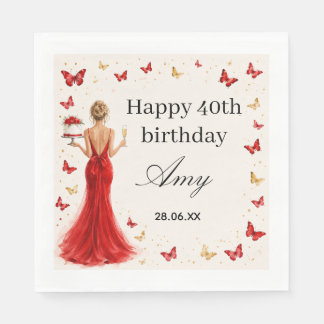 Elegant 40th Birthday red dress with butterflies Napkins