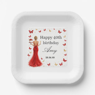 Elegant 40th Birthday red dress with butterflies  Paper Plates