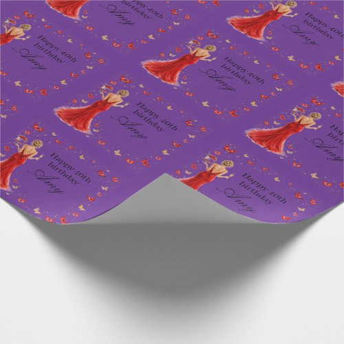 Elegant 40th Birthday red dress with butterflies Wrapping Paper