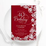 Elegant 40th Birthday Red Silver Roses Invitation<br><div class="desc">Red silver floral 40th birthday party invitation. Elegant design featuring roses,  faux silver foil and typography script font. Trendy invite card perfect for a stylish female bday celebration. Can be customized to any age. Personalize with your own details. Printed Zazzle invitations or instant download digital printable template.</div>