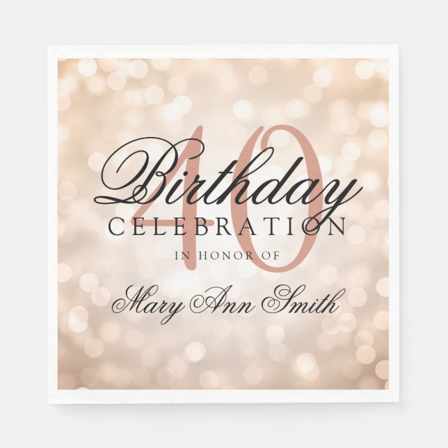 Elegant 40th Birthday Rose Gold Glitter Lights Napkins (Front)