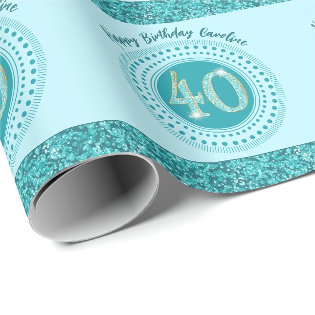 Elegant 40th Birthday Teal Blue Glitter & Stripes Wrapping Paper (Roll Corner)