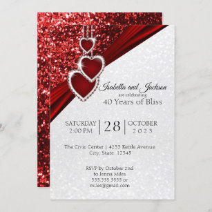 Elegant 40th Ruby Red Glitter Anniversary Design Invitation