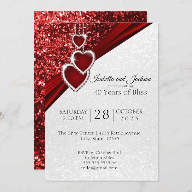 Elegant 40th Ruby Red Glitter Anniversary Design Invitation (Front/Back)