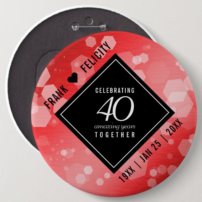 Elegant 40th Ruby Wedding Anniversary Celebration Button (Front & Back)