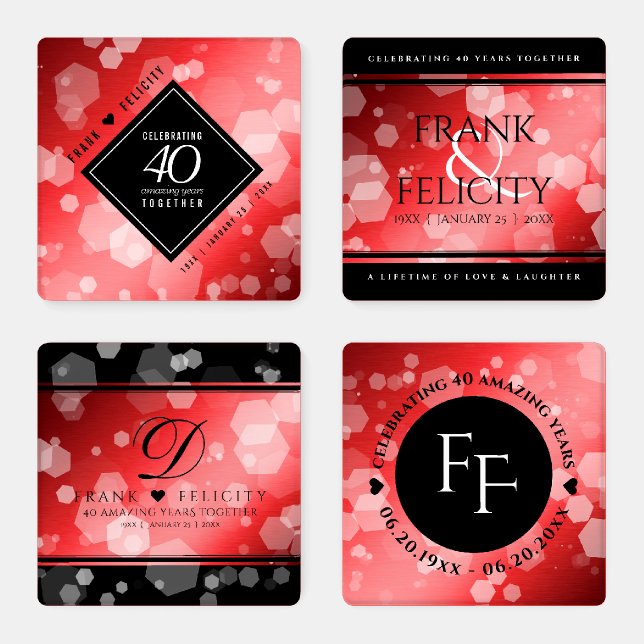 Elegant 40th Ruby Wedding Anniversary Celebration Coaster Set (Set)