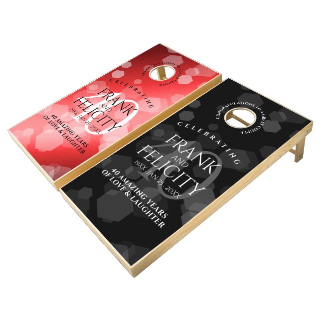 Elegant 40th Ruby Wedding Anniversary Celebration Cornhole Set (Angled)