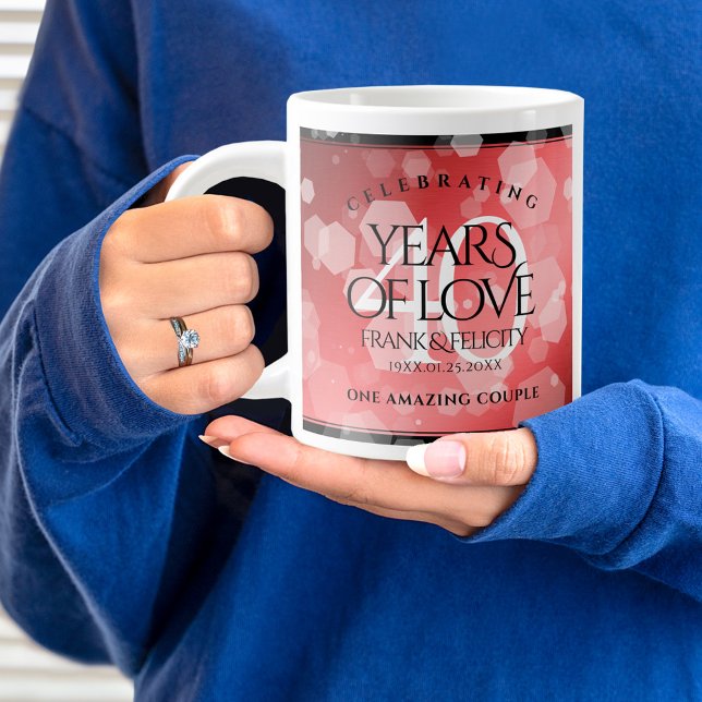 Elegant 40th Ruby Wedding Anniversary Celebration Giant Coffee Mug (40th wedding anniversary jumbo mug held by woman sporting a wedding ring and blue sweatshirt.)