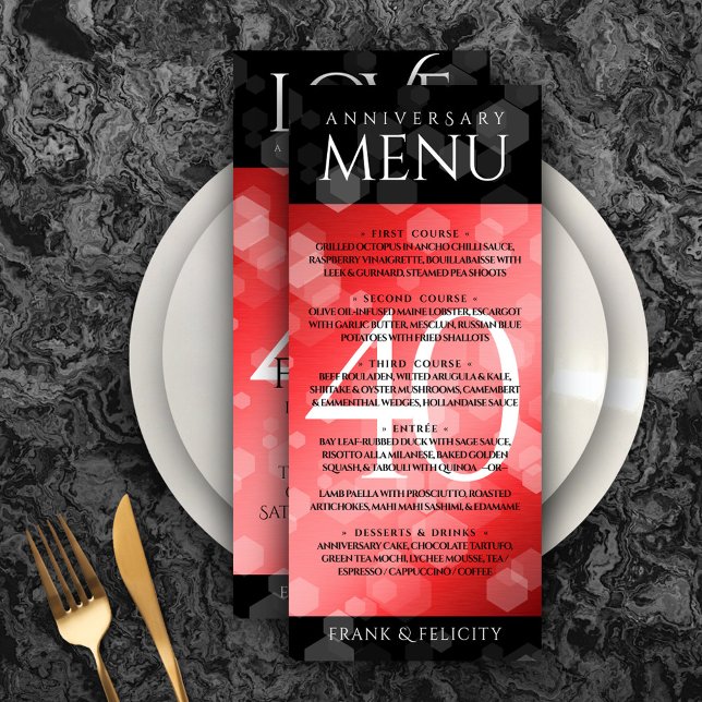 Elegant 40th Ruby Wedding Anniversary Celebration Menu (Elegant 40th Ruby Wedding Anniversary Menu Rack Card Cover Photo.)