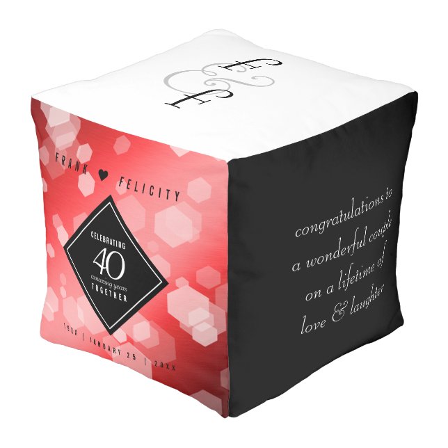 Elegant 40th Ruby Wedding Anniversary Celebration Pouf (Angled Front)