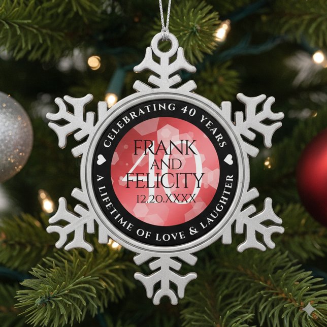 Elegant 40th Ruby Wedding Anniversary Celebration Snowflake Pewter Christmas Ornament (40th Ruby Wedding Anniversary Snowflake Pewter Ornament Cover Photo)