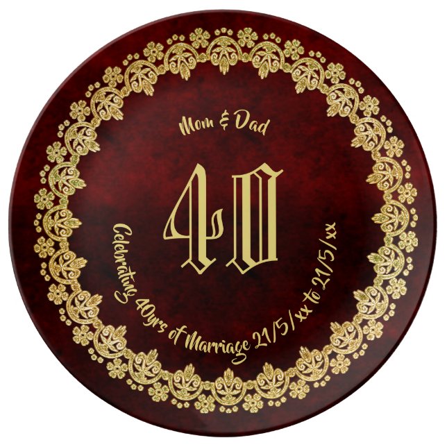 Elegant 40th RUBY Wedding Anniversary Parents Gold Plate (Front)