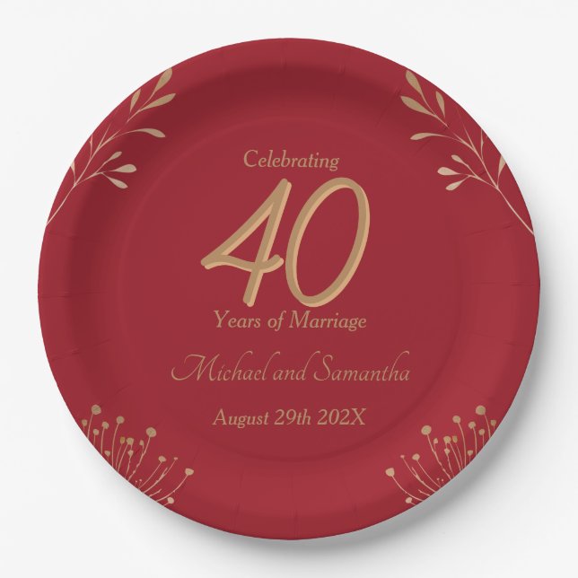 Elegant 40th Ruby Wedding Party Paper Plates (Front)