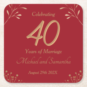 Elegant 40th Ruby Wedding Party Square Paper Coaster