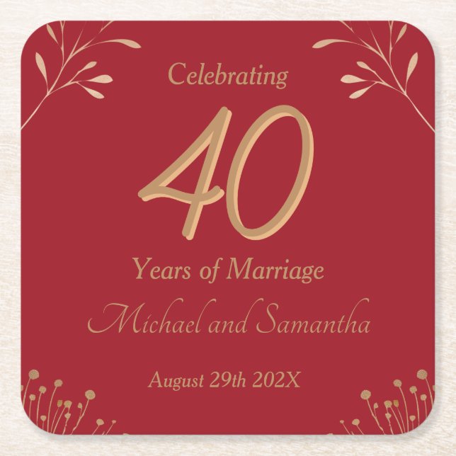 Elegant 40th Ruby Wedding Party Square Paper Coaster (Front)