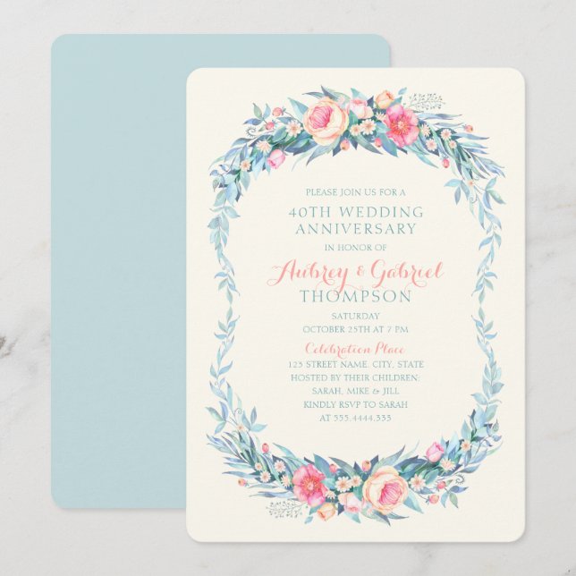 Elegant 40th Wedding Anniversary Floral Spring Invitation (Front/Back)