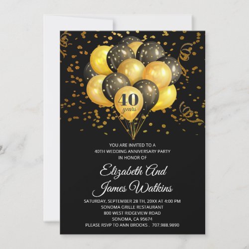 Elegant 40th Wedding Anniversary Gold And Black In Invitation