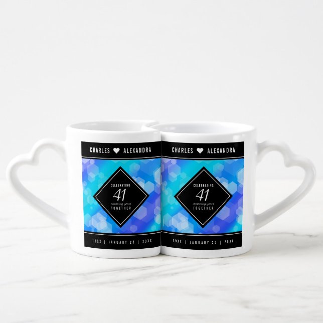 Elegant 41st Blue Topaz Wedding Anniversary Coffee Mug Set (Back Nesting)