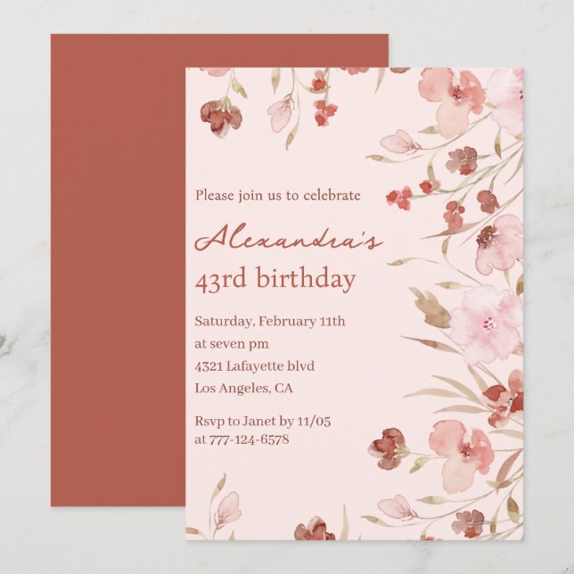 Elegant 43rd birthday invitations Floral Chic (Front/Back)