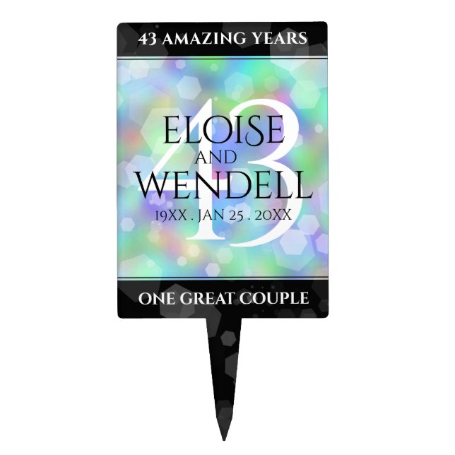 Elegant 43rd Opal Wedding Anniversary Celebration Cake Topper (Front)