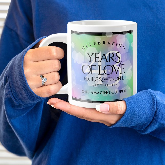 Elegant 43rd Opal Wedding Anniversary Celebration Giant Coffee Mug (43rd wedding anniversary jumbo mug held by woman sporting a wedding ring and blue sweatshirt.)