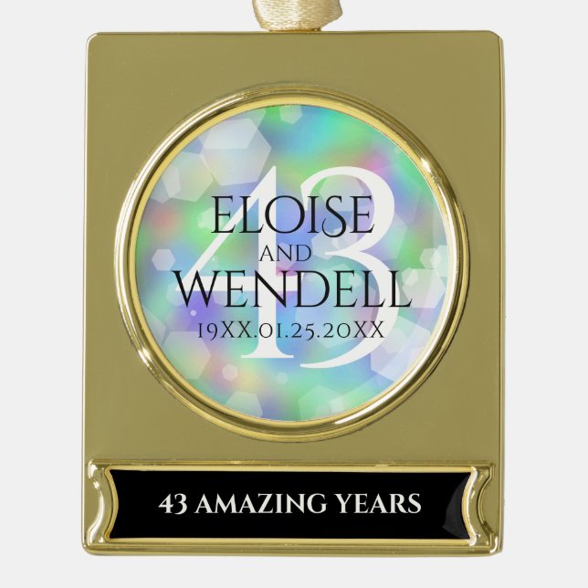 Elegant 43rd Opal Wedding Anniversary Celebration Gold Plated Banner Ornament (Front)