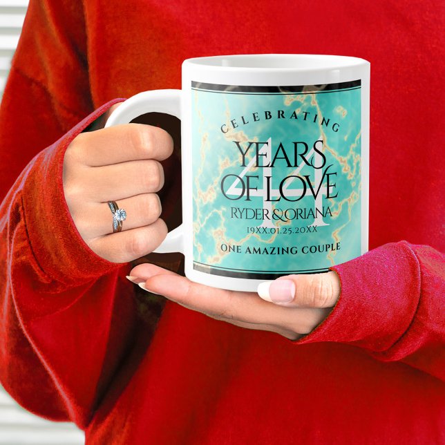 Elegant 44th Turquoise Wedding Anniversary Giant Coffee Mug (44th wedding anniversary jumbo mug held by woman sporting a wedding ring and red sweatshirt.)
