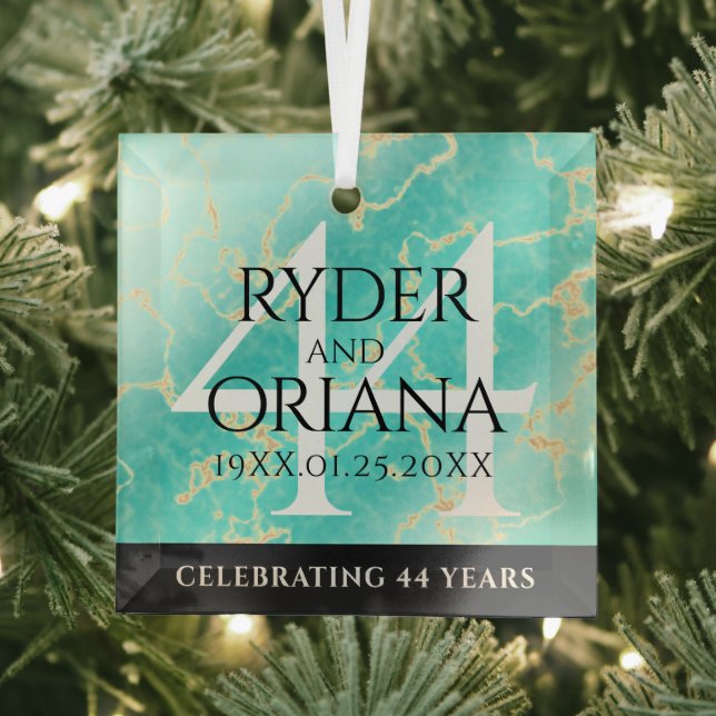 Elegant 44th Turquoise Wedding Anniversary Glass Ornament (Insitu)