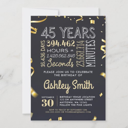 Elegant 45th Birthday Invitation Gold Glitter