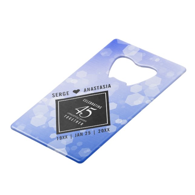 Elegant 45th Sapphire Wedding Anniversary Credit Card Bottle Opener (Front Angled)
