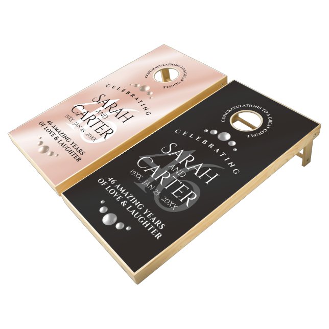 Elegant 46th Pearl Wedding Anniversary Celebration Cornhole Set (Angled)