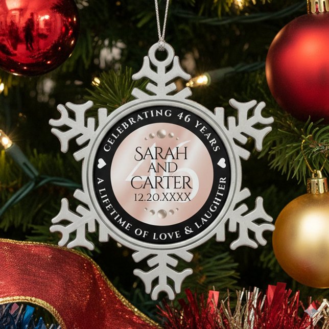 Elegant 46th Pearl Wedding Anniversary Celebration Snowflake Pewter Christmas Ornament (46th Pearl Wedding Anniversary Snowflake Pewter Ornament Cover Photo)