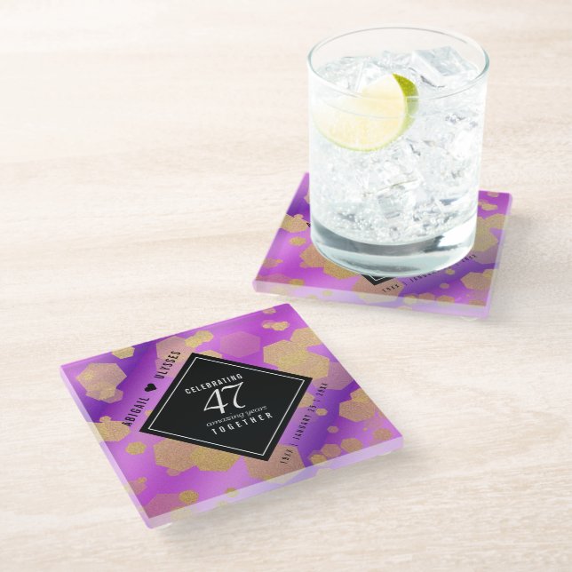 Elegant 47th Amethyst Wedding Anniversary Glass Coaster (Angled)
