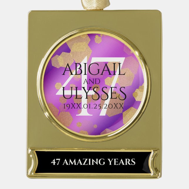 Elegant 47th Amethyst Wedding Anniversary Gold Plated Banner Ornament (Front)