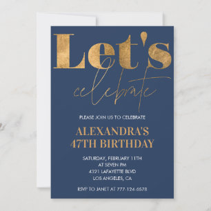 Elegant 47th birthday invitations Navy Blue Gold 