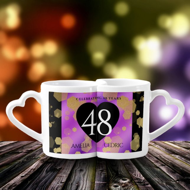 Elegant 48th Amethyst Wedding Anniversary Coffee Mug Set (48th amethyst wedding anniversary lovers' mugs on a wooden table top.)