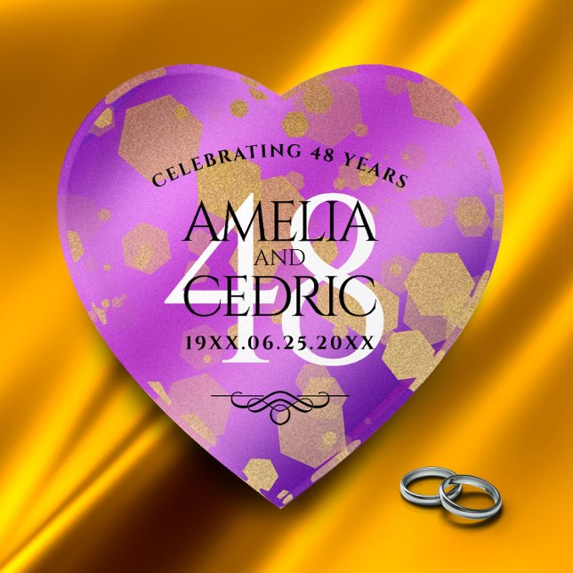 Elegant 48th Amethyst Wedding Anniversary Paperweight (48th amethyst wedding anniversary heart-shaped paperweight on a crushed golden satin background.)