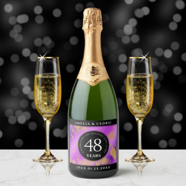 Elegant 48th Amethyst Wedding Anniversary Sparkling Wine Label (48th amethyst wedding anniversary champagne label with 2 flutes of bubbly on a marble tabletop.)